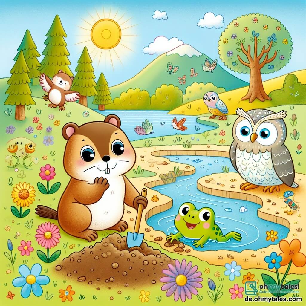 Une illustration sous forme de dessin destinée aux enfants représentant un charmant et coloré vallon ensoleillé, où une petite marmotte aux poils bruns et doux, avec de grands yeux curieux, utilise ses petites pattes pour creuser dans le sol, tandis qu'à ses côtés, une sage chouette aux plumes blanches et grises observe attentivement et un courageux grenouille verte aux yeux pétillants saute joyeusement, tous trois travaillant ensemble pour rediriger un ruisseau scintillant vers un étang qui se tarit, entouré de fleurs éclatantes et de grands arbres qui dansent dans le vent.