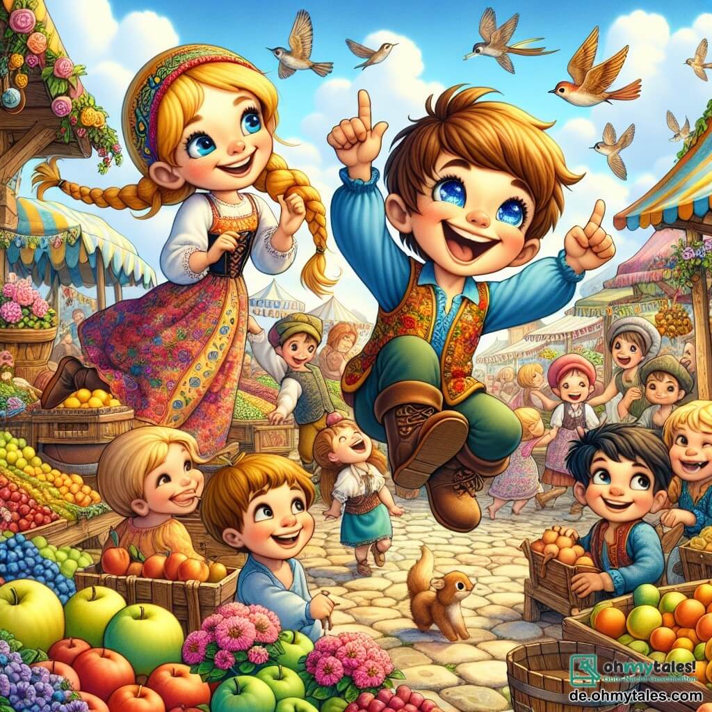 Illustration destinée aux enfants représentant un marché coloré et animé dans un petit village, avec des étals débordant de fruits juteux, de fleurs éclatantes et des enfants riant et jouant sous un ciel bleu clair. Au centre, un jeune garçon en bois, avec des yeux pétillants et un sourire joyeux, saute avec enthousiasme, ses bras en l'air, tandis que ses jambes en bois semblent prêtes à s'envoler. À ses côtés, une fille aux longs cheveux dorés tressés, vêtue d'une robe colorée, l'encourage en riant, tandis qu'un autre garçon, un peu plus âgé, avec des cheveux bruns en bataille et un air moqueur, les observe avec un sourire sarcastique. La scène dégage une atmosphère de camaraderie et d'aventure, avec des oiseaux chantant et des enfants jouant autour, capturant l'esprit de l'amitié et de l'acceptation dans un monde féerique.