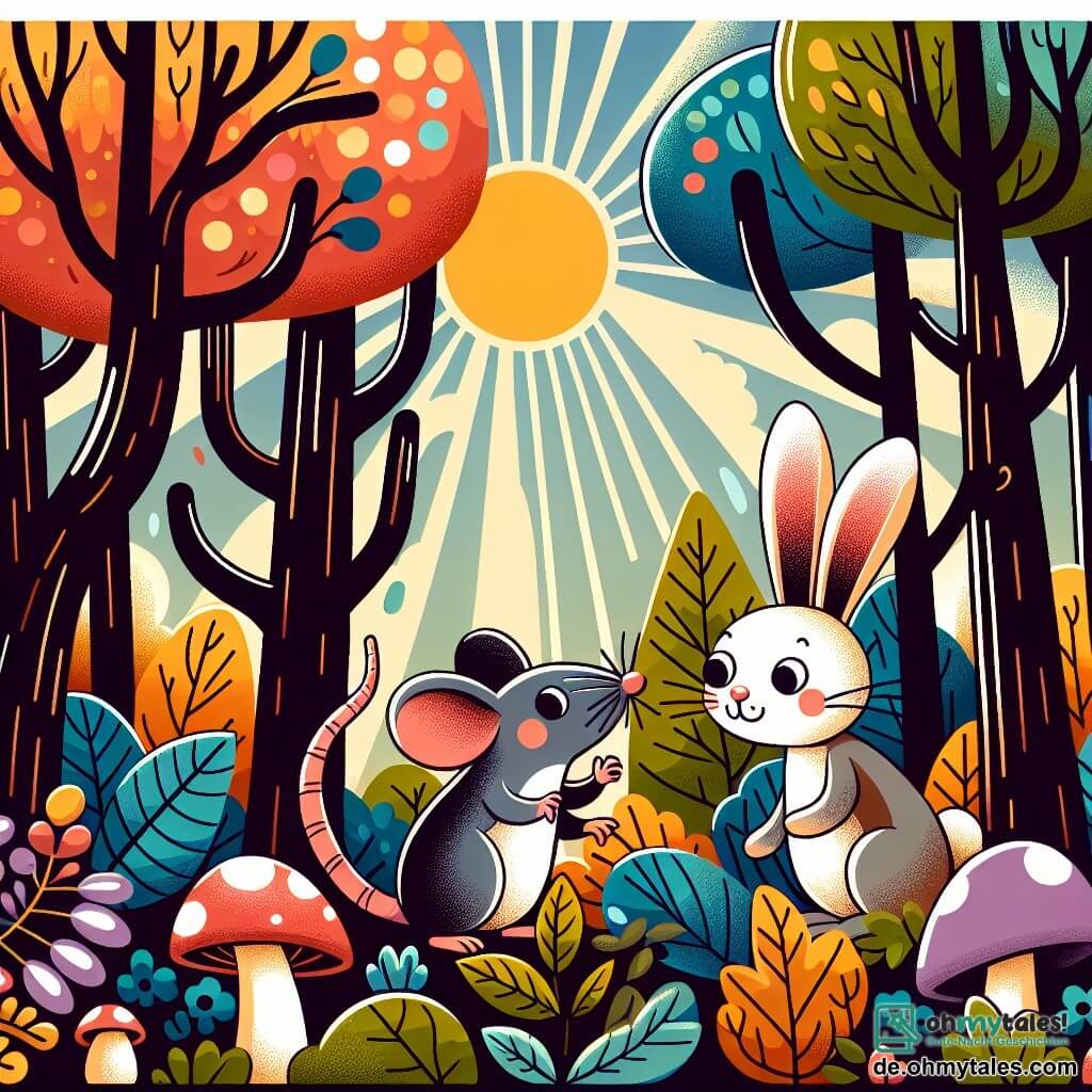 Une illustration destinée aux enfants représentant un petit rat malicieux, un lapin curieux, dans une forêt enchantée avec des arbres aux feuilles multicolores, des champignons géants et des rayons de soleil filtrant à travers les branches.
