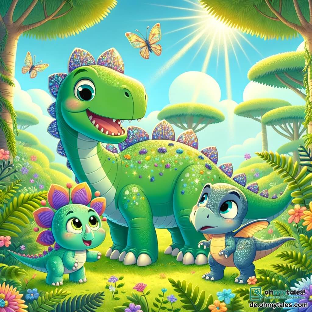 Illustration einer fröhlichen Szene in einem üppigen Grün, wo große Farne und bunte Blumen unter einem strahlend blauen Himmel blühen. In der Mitte steht ein Stegosaurus mit grünen Schuppen und schimmernden, bunten Platten, der mit einem breiten Lächeln seine Kopf zu einem kleinen Triceratops mit drei kleinen Hörnern neigt, der einen runden Bauch und einen schelmischen Blick hat. Neben ihnen scheint ein kleiner Velociraptor mit blauen Federn und großen, glänzenden Augen traurig zu sein, ist aber von seinen neuen Freunden umgeben. Die Szene zeigt die drei Dinosaurier, die zusammen spielen, während der Stegosaurus eine freundliche Pfote zum Velociraptor ausstreckt, während bunte Schmetterlinge um sie herumfliegen. Im Hintergrund verleihen majestätische Bäume und Sonnenstrahlen, die durch die Blätter filtern, dieser freundlichen Begegnung einen magischen Touch.