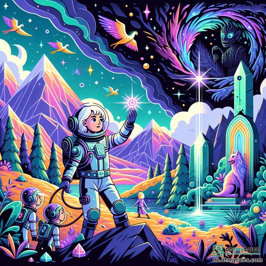 Une illustration sous forme de dessin destinée aux enfants représentant un paysage féérique de Lythoria, un monde coloré avec des montagnes violettes et des forêts émeraude, où une jeune femme aux cheveux argentés et aux yeux brillants, vêtue d'une combinaison spatiale scintillante, se tient courageusement devant un ancien temple en ruines, tenant un artefact magique lumineux dans ses mains, tandis qu'un groupe de créatures fantastiques aux ailes multicolores l'entoure, l'observant avec admiration et espoir, alors qu'ils s'apprêtent à affronter une ombre menaçante qui plane au-dessus d'eux, symbolisant la lutte entre la lumière et l'obscurité.
