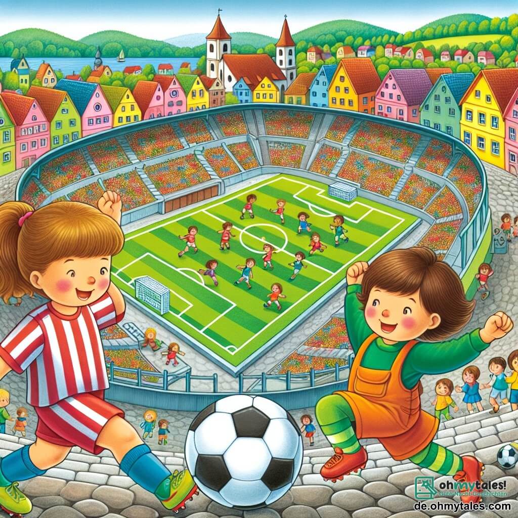 Une illustration destinée aux enfants représentant une jeune fille passionnée de football, s'entraînant avec une célèbre joueuse professionnelle, dans le pittoresque stade de la petite ville de Fußballstadt, entouré de maisons colorées et de joyeux enfants jouant dans les rues pavées.