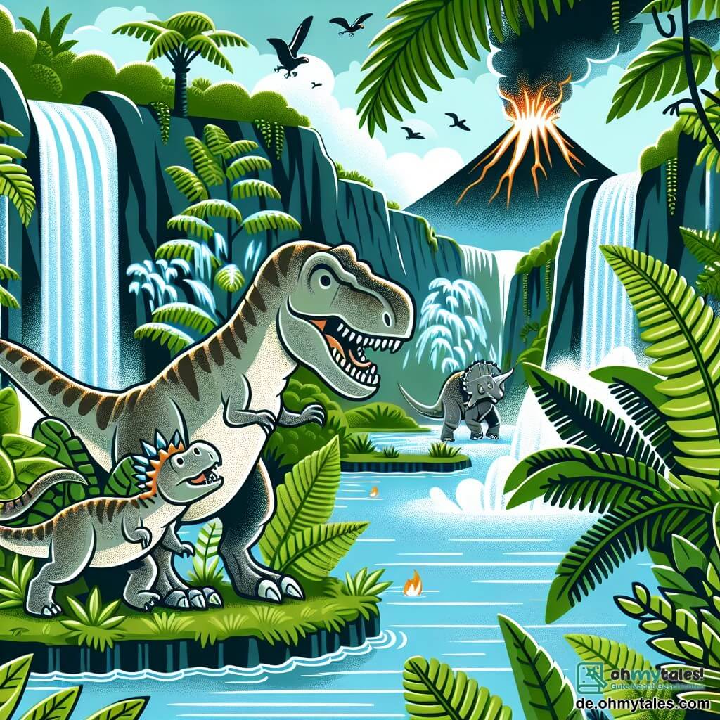 Une illustration destinée aux enfants représentant un jeune Tyrannosaure Rex, un garçon, vivant une aventure palpitante avec un Triceratops, un garçon, dans une forêt luxuriante remplie de fougères géantes, de cascades scintillantes et de volcans fumants.