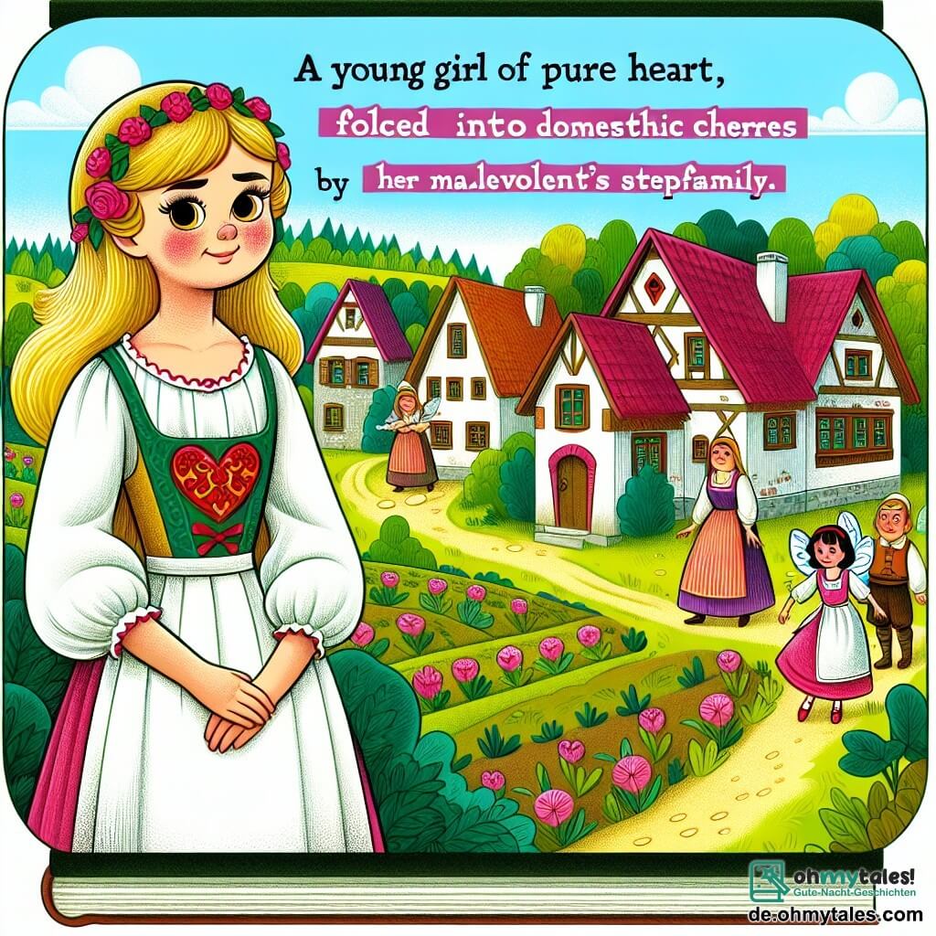 Une illustration destinée aux enfants représentant une jeune fille au cœur pur, contrainte aux tâches ménagères par sa belle-famille méchante, accompagnée d'une fée bienveillante, dans un petit village enchanteur entouré de champs verdoyants et de maisons colorées.