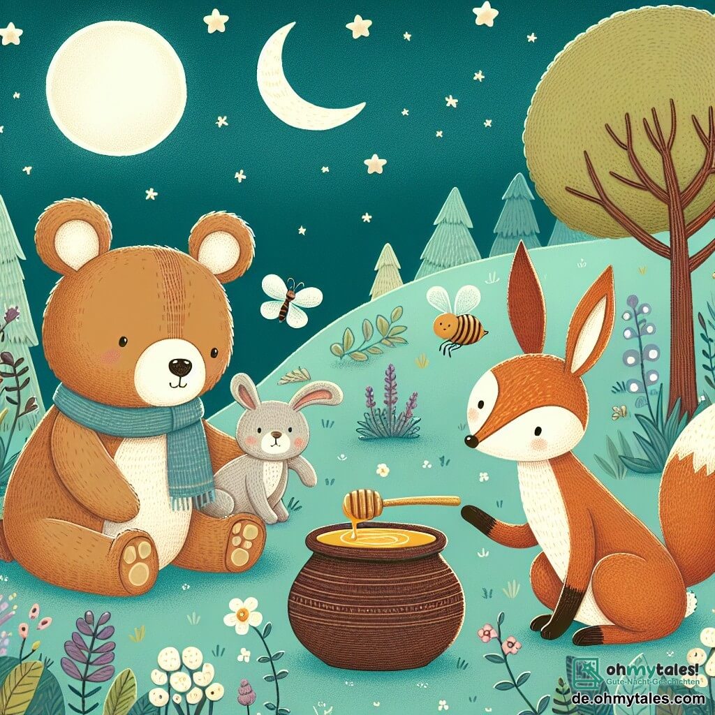 Une illustration destinée aux enfants représentant un adorable ourson en peluche, un petit lapin curieux et un malicieux renard dans une clairière enchantée, où une boîte de miel semble avoir mystérieusement disparu.