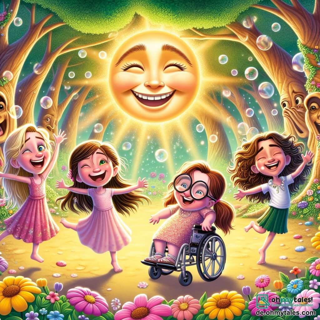 Illustration einer magischen Lichtung in einem verzauberten Wald, wo die Bäume lächelnde Gesichter haben und bunte Blumen im Wind tanzen. In der Mitte tanzen und lachen vier Mädchen im Alter von etwa 8 bis 10 Jahren. Eines von ihnen, mit langen blonden Haaren und einem rosa Kleid, springt fröhlich, während ein anderes, mit lockigen braunen Haaren, eine lustige Grimasse zieht. Die dritte, mit einer Brille und braunen, zu einem Pferdeschwanz gebundenen Haaren, singt mit erhobenen Armen, und die letzte, die in einem hübschen, mit Blumen dekorierten Rollstuhl sitzt, lächelt mit strahlenden Augen vor Freude. Im Hintergrund ist ein großes lächelndes Gesicht auf einem Baum gemalt, beleuchtet von goldenen Sonnenstrahlen, die durch die Blätter filtern. Seifenblasen schweben um sie herum und verleihen der Szene einen Hauch von Magie. Der Himmel ist leuchtend blau, übersät mit wolkenförmigen Bonbons. Diese Illustration fängt den verspielten und absurden Geist der Geschichte ein, in der Lachen und Freude die wahren Helden sind.