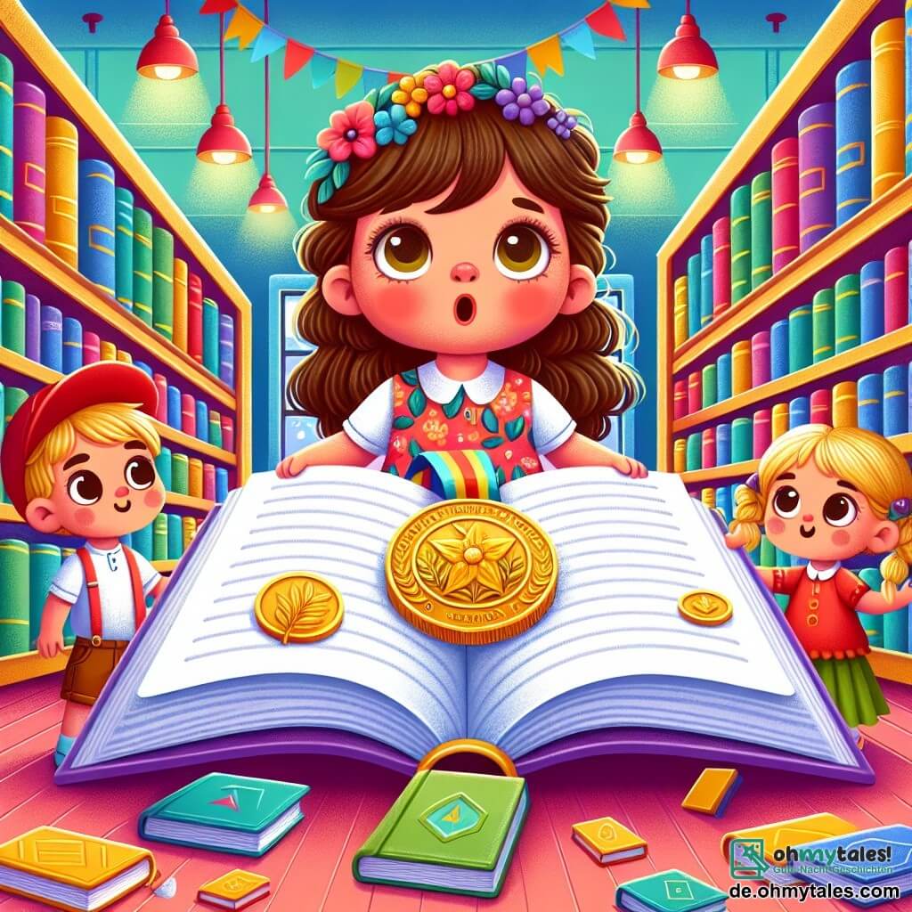 Une illustration sous forme de dessin destinée aux enfants représentant une bibliothèque colorée et lumineuse, avec des étagères remplies de livres aux couvertures éclatantes, où une petite fille de 3 ans aux cheveux bouclés et bruns, vêtue d'une robe à fleurs, tient un grand livre ouvert avec des yeux écarquillés de curiosité, tandis qu'à ses côtés, un garçon de 4 ans portant une casquette rouge et une petite fille de 5 ans avec des tresses blondes, tous deux regardent avec émerveillement une médaille dorée tombée du livre, symbolisant leur quête pour résoudre un mystère d’amitié.