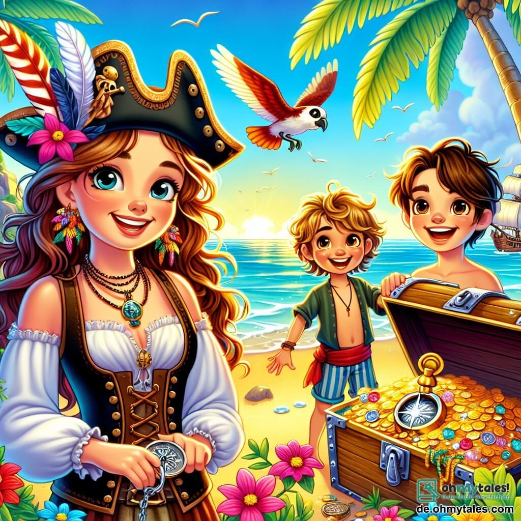 Illustration einer lebhaften Szene auf einer sonnigen tropischen Insel, mit sanft im Wind schwingenden Palmen und bunten Blumen, die über den sandigen Boden verstreut sind. In der Mitte steht eine entschlossene Piratin mit langen, welligen Haaren, einem mit Federn geschmückten Piratenhut und einer abgetragenen Lederjacke stolz da, eine Schatzkarte in der Hand, und blickt mit einem abenteuerlichen Lächeln in die Ferne. An ihrer Seite beobachtet ein etwa zehnjähriger Junge mit kastanienbraunen Haaren und funkelnden Augen, der eine glänzende Metallkompass hält, erstaunt, während ein achtjähriges Mädchen mit lockigem, blonden Haar sich neben einer offenen Schatzkiste hockt, die Augen vor Überraschung weit geöffnet, als es glänzende Goldmünzen und bunte Schmuckstücke entdeckt. Die Szene strahlt eine Atmosphäre von Aufregung und Kameradschaft aus, mit sanften Wellen, die ans Ufer schlagen, und bunten Vögeln, die am blauen Himmel fliegen.