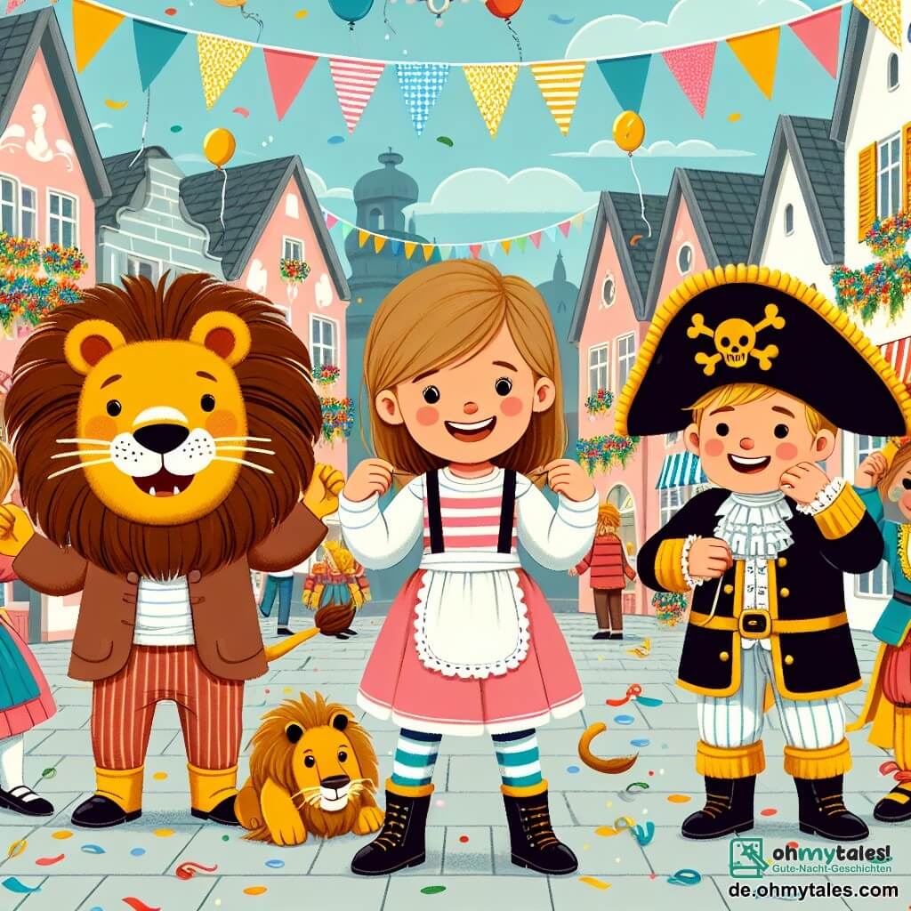 Une illustration destinée aux enfants représentant une jeune fille enthousiaste se préparant pour le carnaval, accompagnée de ses amis, un garçon déguisé en lion et une fille en pirate, dans une petite ville au bord du Rhin, décorée de guirlandes colorées, de ballons et de confettis.