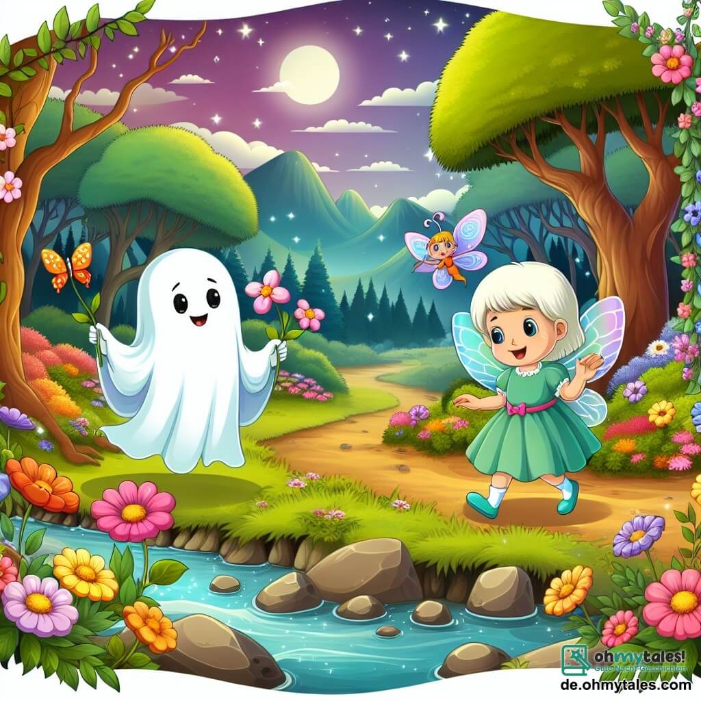 Une illustration destinée aux enfants représentant un jeune fantôme curieux explorant une mystérieuse forêt enchantée en compagnie d'une fée bienveillante, dans un décor de fleurs colorées et de ruisseaux scintillants.