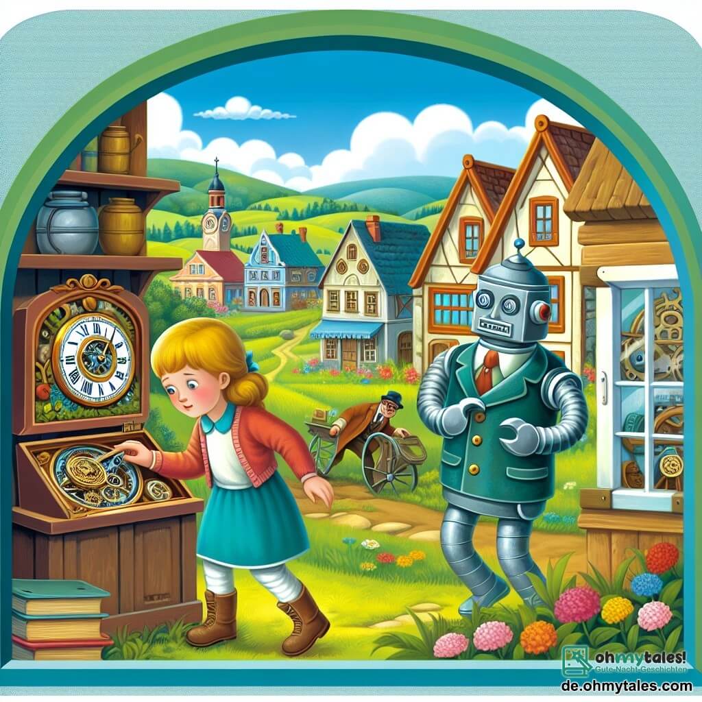 Une illustration destinée aux enfants représentant une fillette curieuse découvrant une mystérieuse montre dans un vieux magasin, accompagnée d'un robot bienveillant, se déroulant dans un village pittoresque avec des maisons colorées et des champs verdoyants sous un ciel bleu azur.