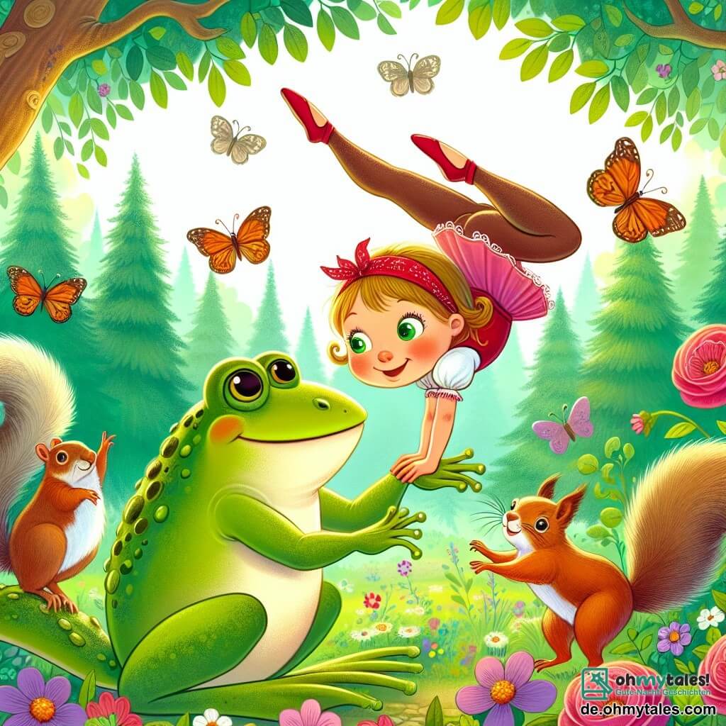 Une illustration destinée aux enfants représentant une jeune grenouille garçon faisant des acrobaties avec un écureuil fille dans une clairière enchantée, entourée de fleurs colorées et de papillons virevoltants.