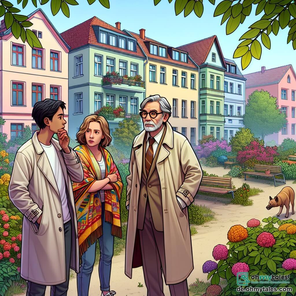 Une illustration sous forme de dessin destinée aux enfants représentant un quartier calme de Berlin avec des maisons colorées et des jardins fleuris, où un homme âgé aux cheveux grisonnants et portant des lunettes, vêtu d'un trench-coat beige, observe attentivement son voisinage avec une expression de curiosité, tandis qu'une femme d'âge moyen aux cheveux bruns et enroulée dans un châle coloré discute avec un homme plus jeune, aux cheveux noirs et en t-shirt, tous deux montrant des signes d'inquiétude, alors qu'ils cherchent des indices sur la disparition mystérieuse de leur voisin, entourés de feuilles d'arbres et de l'ambiance paisible du matin.