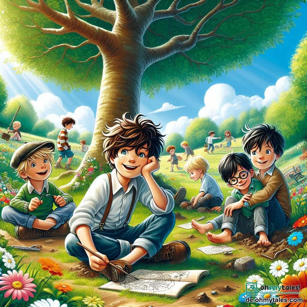 Illustration, die eine sonnige Szene in einem grünen Park darstellt, mit einem großen Baum in der Mitte, dessen weit ausladende Äste Schatten spenden. Auf dem Boden sitzen Kinder auf dem Gras, umgeben von bunten Blumen und fröhlichem Lachen. Es gibt vier Jungen im Alter von etwa neun Jahren: einer hat zerzauste braune Haare und ein schelmisches Lächeln, er hält eine handgezeichnete Schatzkarte; ein anderer hat blonde Haare und trägt eine Mütze, er schaut neugierig um sich; der dritte trägt eine Brille und hat einen ernsten Gesichtsausdruck, er scheint nachzudenken; schließlich hat der vierte schwarze Haare und Sommersprossen, er kratzt mit einem Stock den Boden. Die Hauptsituation zeigt die Jungen, die so tun, als würden sie nach einem versteckten Schatz suchen, umgeben von anderen Kindern, die sie mit aufgeregten und zweifelnden Gesichtsausdrücken beobachten. Sprechblasen schweben über ihren Köpfen, einige drücken Begeisterung aus, andere Verwirrung. Im Hintergrund sind Kinder zu sehen, die in die Erde graben, verstreute Spielsachen und ein blauer Himmel mit fluffigen weißen Wolken, was eine Atmosphäre von Spiel und Abenteuer schafft.