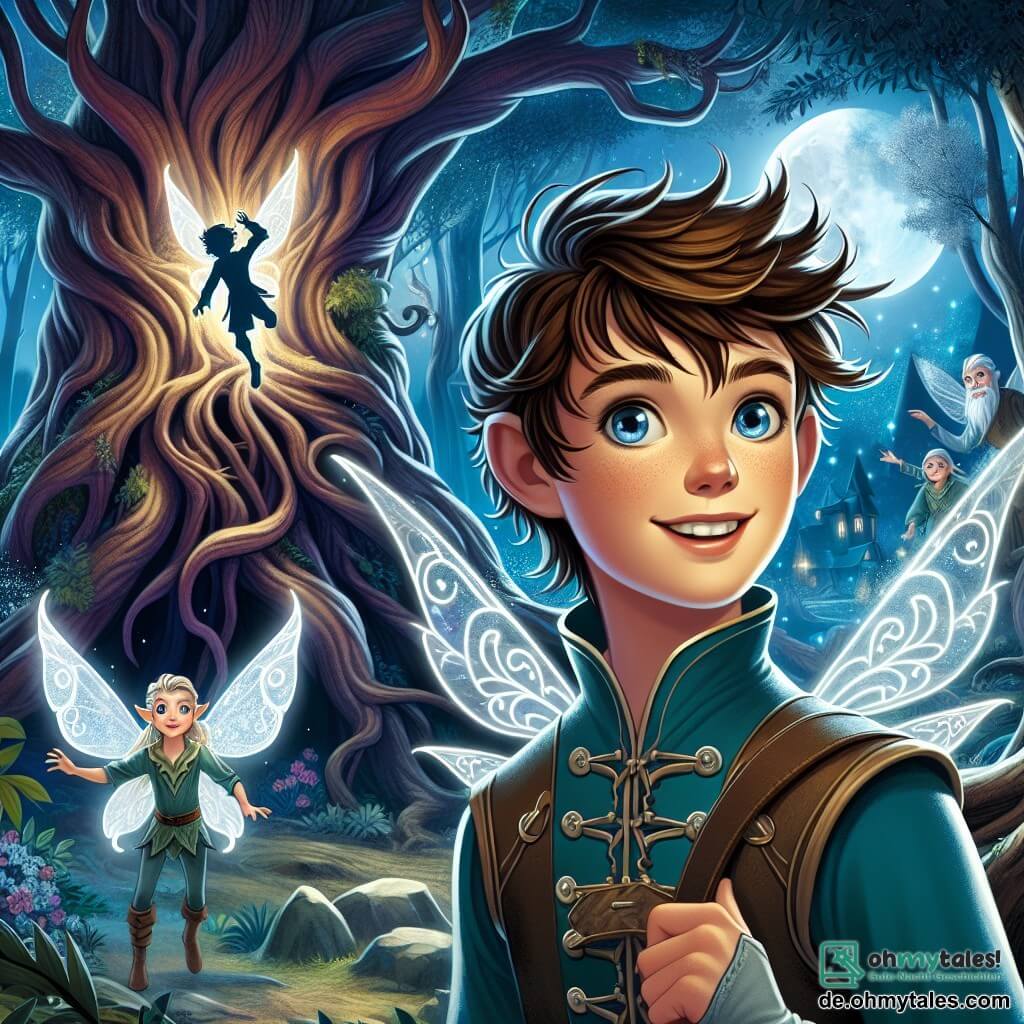 Une illustration destinée aux enfants représentant un jeune héros courageux, aux cheveux bruns et aux yeux étincelants, se tenant devant un arbre maudit, accompagné d'un petit gardien féerique, un garçon aux ailes translucides et aux grands yeux curieux, dans le mystérieux et enchanté Wald von Eldoria, où les arbres murmurent des secrets anciens et les elfes dansent sous la lueur argentée de la lune.