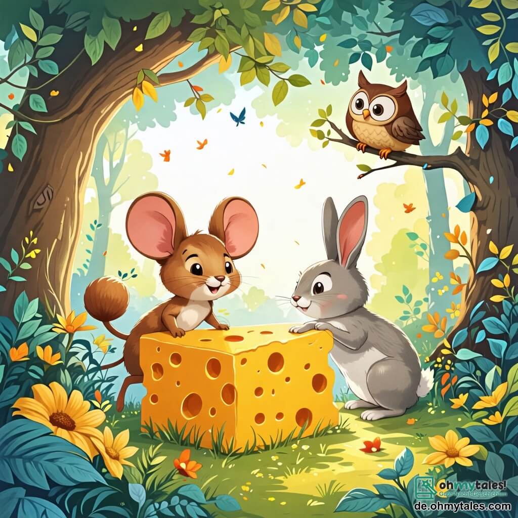 Une illustration sous forme de dessin destinée aux enfants représentant une clairière ensoleillée dans une forêt colorée, où une petite souris aux grandes oreilles et au pelage brun clair, avec un sourire joyeux, pousse un énorme fromage doré avec l'aide d'un grand lapin aux longues pattes et aux yeux pétillants, tandis qu'une sage chouette aux plumes blanches les observe avec bienveillance depuis une branche d'arbre, capturant l'esprit d'amitié et de coopération de cette aventure animalière.