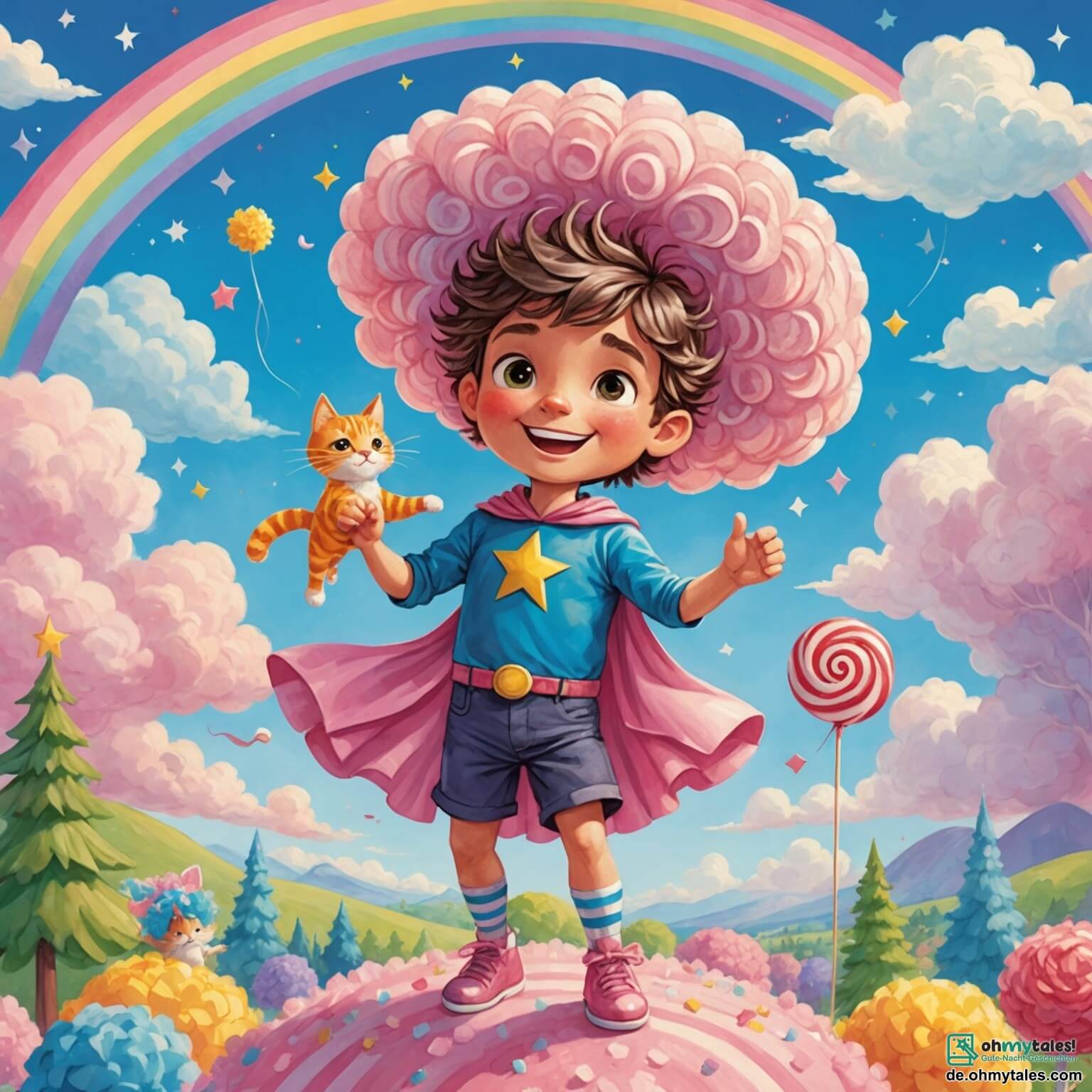 Une illustration destinée aux enfants représentant un garçon aux cheveux en bataille, vêtu d'un costume de super-héros en papier crépon, se tenant debout sur un nuage en forme de bonbon dans un ciel éclatant de couleurs pastel, tandis qu'un chat en tutu rose, son fidèle compagnon, danse sur un arc-en-ciel scintillant, le tout se déroulant dans un monde farfelu où les arbres portent des chapeaux haut de forme et les fleurs chantent des mélodies joyeuses.