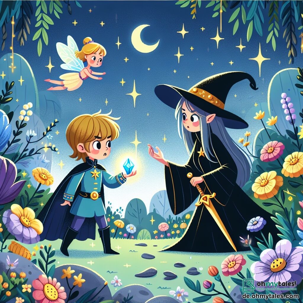 Une illustration sous forme de dessin destinée aux enfants représentant un jardin enchanté rempli de fleurs colorées et scintillantes, où un jeune prince courageux aux cheveux dorés et à la tenue royale bleue, tenant un éclatant cristal magique, fait face à une sorcière mystérieuse aux longs cheveux noirs et à la robe sombre, tandis qu'une petite fée lumineuse aux ailes brillantes les observe avec espoir, le tout dans une atmosphère de magie et d'aventure, symbolisant la quête pour sauver les fleurs du jardin.