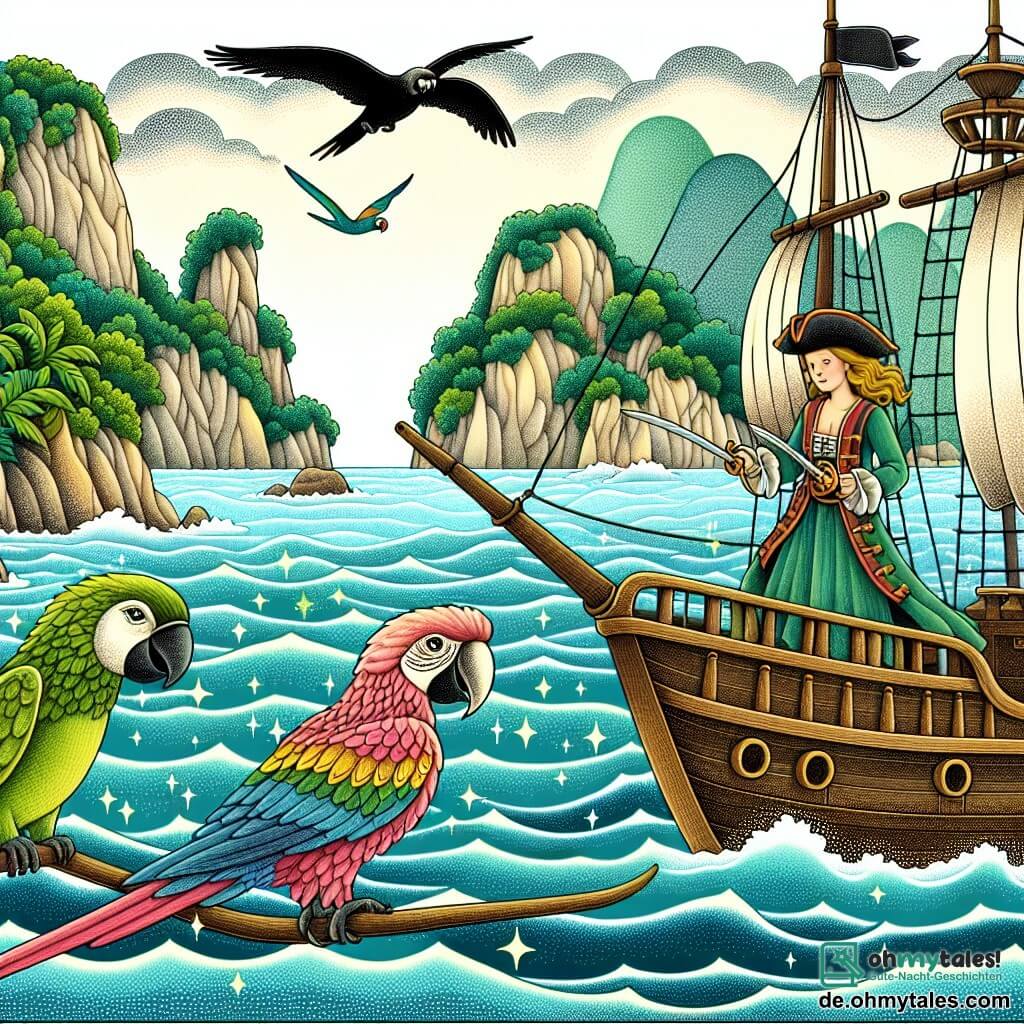 Une illustration destinée aux enfants représentant une courageuse pirate (fille) sur son navire, accompagnée de son fidèle perroquet (garçon), voguant sur une mer scintillante parsemée d'îles verdoyantes et de rochers escarpés.
