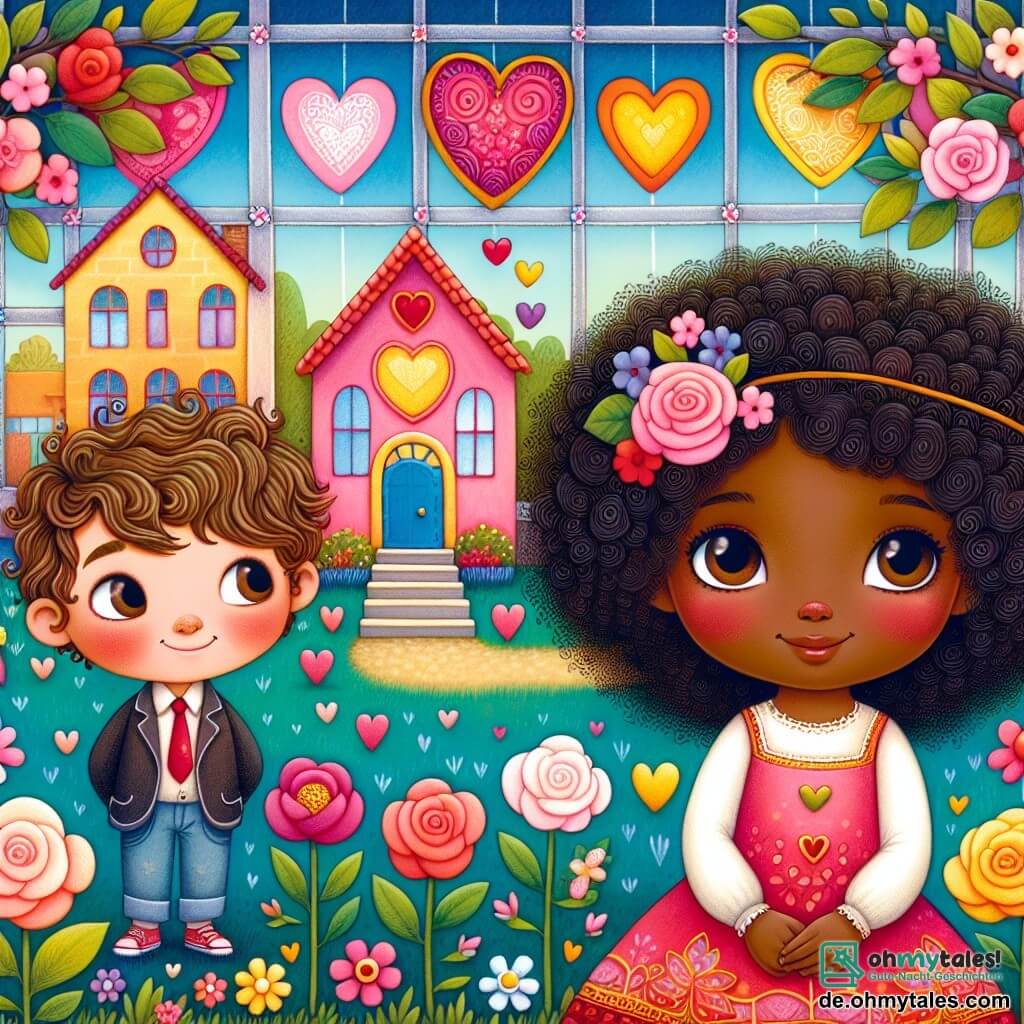 Une illustration destinée aux enfants représentant une fillette aux cheveux bouclés et à la peau foncée confrontée à des préjugés, accompagnée d'une camarade de classe au sourire chaleureux, dans une école colorée avec des fenêtres en forme de cœur et des arbres en fleurs dans la cour.