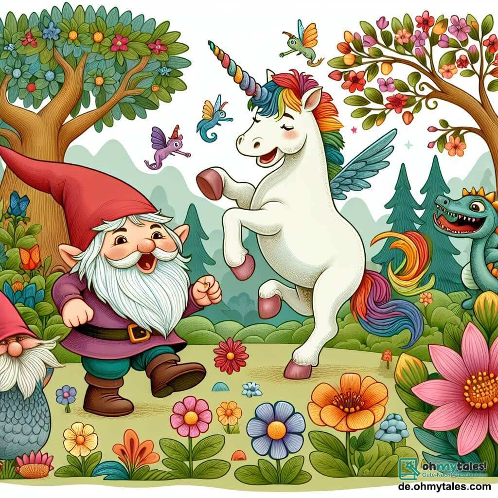 Une illustration destinée aux enfants représentant un lutin espiègle, une licorne dansante et joyeuse, évoluant dans un paysage enchanté rempli de fleurs multicolores, d'arbres parlants et d'un dragon rieur.