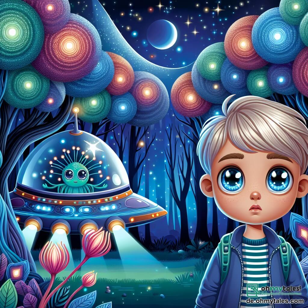Une illustration destinée aux enfants représentant un jeune garçon aux yeux pétillants de curiosité, se tenant devant un vaisseau spatial scintillant de mille feux dans une forêt enchantée où les arbres aux feuilles luminescentes dansent sous un ciel étoilé, tandis qu’une créature extraterrestre colorée aux tentacules chatoyants, son ami intergalactique, l'invite à explorer les merveilles de l'univers.
