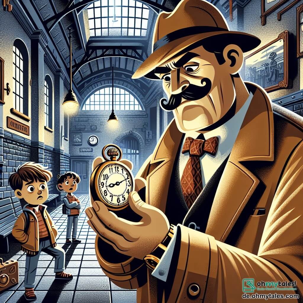 Une illustration sous forme de dessin destinée aux enfants représentant l'intérieur d'une vieille et mystérieuse gare abandonnée, avec des murs décrépis et des ombres inquiétantes, où un homme au grand gabarit, avec un épais moustache et un chapeau de détective, examine attentivement une vieille montre brillante dans sa main, tandis qu'une jeune fille aux cheveux bruns et aux yeux inquiets, ainsi qu'un garçon aux cheveux ébouriffés, se tiennent derrière lui, observant avec curiosité et anxiété, alors qu'ils tentent de résoudre le mystère de la disparition d'un ami dans une ambiance de suspense et d'aventure.