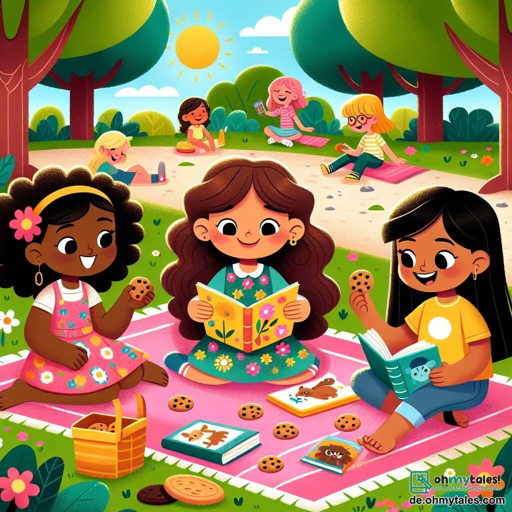 Eine Illustration zeigt einen sonnigen Park mit großen Bäumen mit grünen Blättern und bunten Blumen, die einen Kiesweg säumen. In der Mitte liegt eine große rosa Decke auf dem Gras, umgeben von Kinderlachen. Drei Hauptfiguren befinden sich auf der Decke: - Ein 8-jähriges Mädchen mit lockigem braunem Haar und heller Haut, das lächelt und einen Keks in der Hand hält. Sie trägt ein buntes Blumenkleid. - Ein weiteres 8-jähriges Mädchen mit blonden Haaren und heller Haut, das aufmerksam zuhört, mit leuchtenden Augen vor Begeisterung. Sie trägt ein gelbes T-Shirt und eine Jeansshorts. - Ein 7-jähriges Mädchen mit glattem schwarzem Haar und brauner Haut, das im Schneidersitz ein Buch über Tiere liest. Sie trägt eine blaue Bluse und Leggings. Die Hauptsituation zeigt die drei Mädchen, die einen Moment der Freude teilen, während sie Geschichten über Tiere austauschen, mit Keksen um sie herum. Im Hintergrund spielen andere Kinder und schaffen eine Atmosphäre von Kameradschaft und Toleranz. Vögel fliegen am blauen Himmel und verleihen dieser warmen und einladenden Szene Leben.