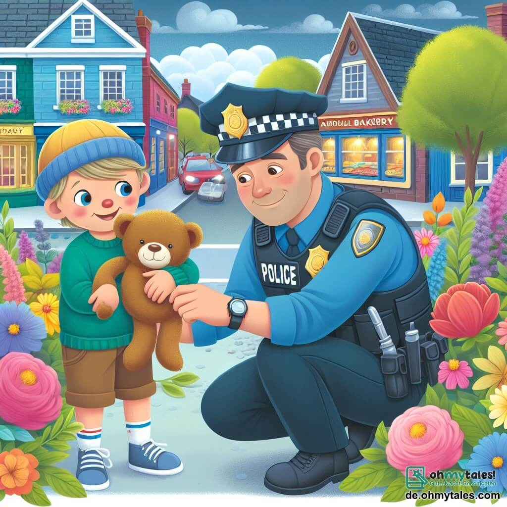 Une illustration destinée aux enfants représentant un policier aimable et dévoué (homme) aidant un petit garçon (garçon) à retrouver son précieux teddy bear dans une charmante rue bordée de fleurs colorées, près d'une chaleureuse boulangerie.