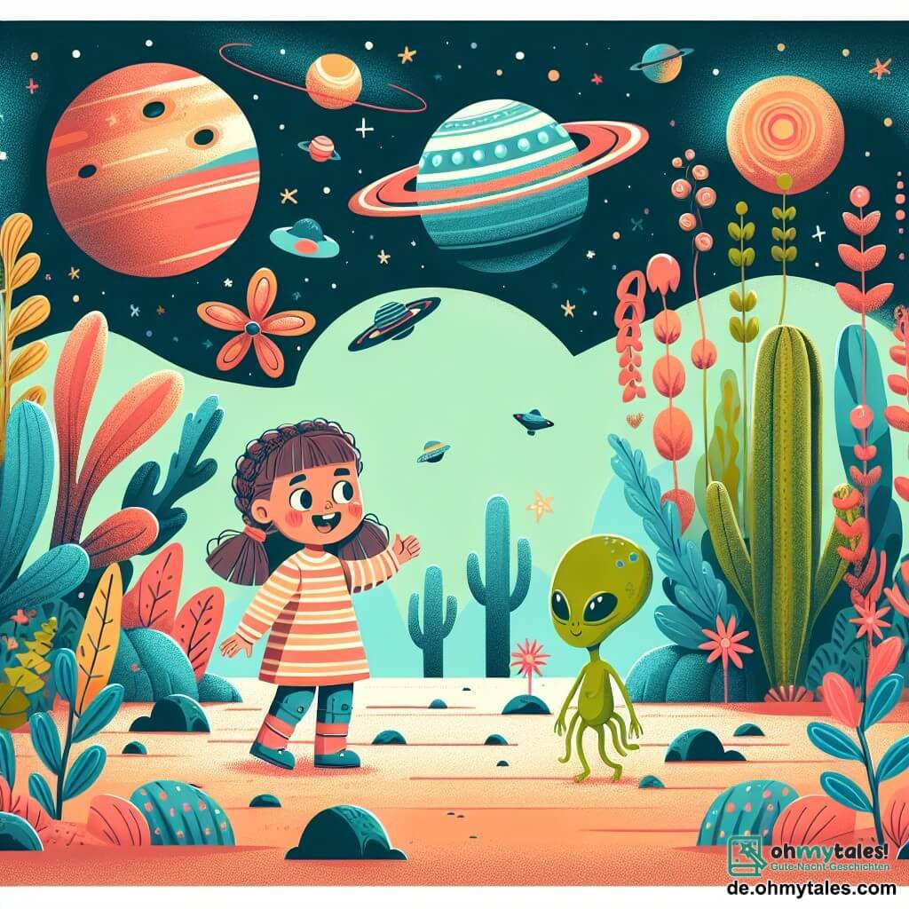 Une illustration destinée aux enfants représentant une fille joyeuse et curieuse, accompagnée d'un petit extraterrestre vert, explorant un paysage extra-terrestre aux plantes multicolores et aux animaux étranges, sur un lointain planète inconnu.