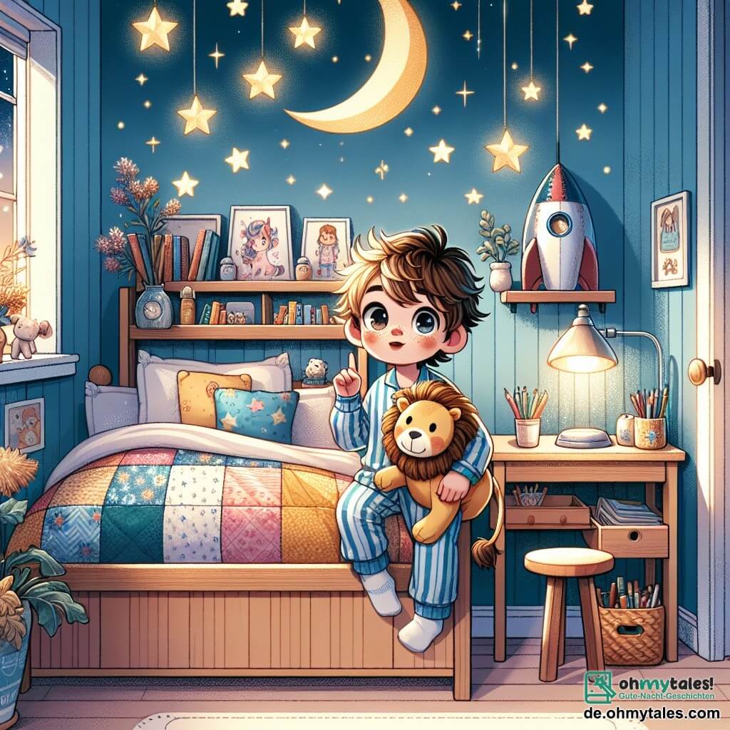 Eine Illustration zeigt ein warmes Kinderzimmer mit hellblauen Wänden und goldenen Sternen, die an der Decke funkeln. In der Mitte steht ein Holzbett mit einer bunten Bettdecke, daneben ein kleiner Holztisch, der mit Büchern und Stiften gefüllt ist. Neben dem Bett strahlt sanftes Licht von einer raketenförmigen Lampe, die weiche Schatten an die Wände wirft. Im Zentrum des Bildes sitzt ein 9-jähriger Junge mit zerzausten braunen Haaren und funkelnden Augen auf seinem Bett. Er trägt einen blau-weiß gestreiften Schlafanzug. Sein Gesicht zeigt leichte Unsicherheit, aber auch Neugier, während er einen großen Plüschlöwen festhält, als suche er Trost. Im Hintergrund steht ein etwa 6-jähriges Mädchen mit geflochtenen blonden Haaren und einem ermutigenden Lächeln an der Zimmertür. Sie trägt einen rosa Schlafanzug mit Einhornmotiven und schaut ihren Bruder mit Zuneigung an, während sie ein Bilderbuch in den Händen hält. Die Hauptsituation zeigt den Jungen, der etwas nervös, aber entschlossen ist, bereit, die Nacht zu meistern, während das Licht der Lampe eine beruhigende Atmosphäre schafft. Sanfte Schatten tanzen an den Wänden, und der Plüschlöwe scheint fast lebendig, bereit, den Jungen vor den Geheimnissen der Nacht zu beschützen. Sterne funkeln an der Decke und verleihen dieser nächtlichen Szene einen Hauch von Magie.