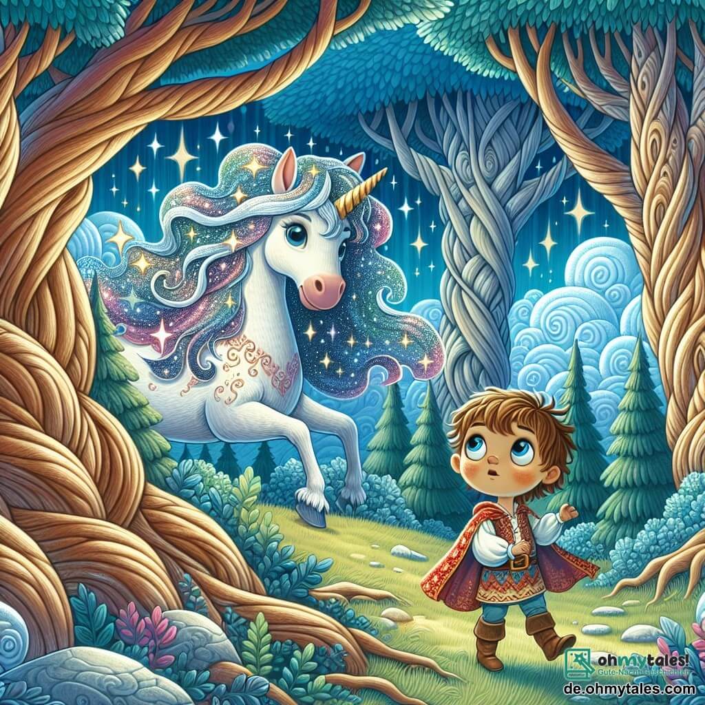 Une illustration destinée aux enfants représentant une magnifique licorne aux crins scintillants comme des étoiles, évoluant dans une forêt enchantée où les arbres majestueux, aux troncs noueux et aux feuilles chatoyantes, s'élèvent vers un ciel azur parsemé de nuages cotonneux, tandis qu'un petit garçon aux yeux émerveillés, vêtu d'une tunique colorée, s'approche avec curiosité pour découvrir les secrets de cet endroit magique.