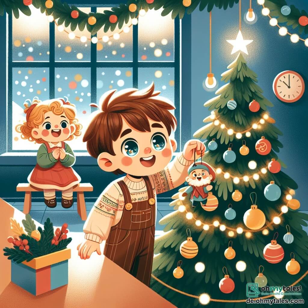 Une illustration sous forme de dessin destinée aux enfants représentant une salle de classe chaleureuse et décorée pour Noël, avec un petit garçon de 2 ans aux cheveux bruns et aux yeux pétillants, souriant joyeusement tout en accrochant des guirlandes lumineuses sur un grand sapin de Noël, entouré de deux amis : une petite fille aux cheveux blonds et bouclés qui chante avec enthousiasme, et un garçon aux cheveux châtains qui applaudit, le tout baigné dans une lumière douce et festive, évoquant l'esprit de Noël et la joie de partager des moments ensemble.