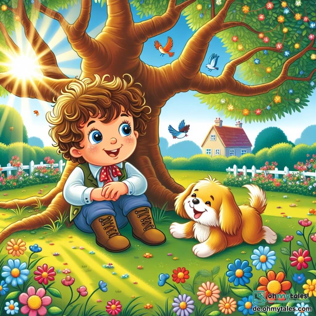Une illustration sous forme de dessin destinée aux enfants représentant un jardin ensoleillé rempli de fleurs colorées et d'arbres majestueux, où un garçon de 3 ans aux cheveux bouclés et aux yeux pétillants, assis sous un grand arbre sage, écoute attentivement les paroles du vieux arbre aux branches étendues, tandis qu'un petit chien aux poils dorés joue joyeusement à ses côtés, capturant l'instant magique où le garçon découvre la beauté des petites choses et l'importance de l'amitié dans la vie.