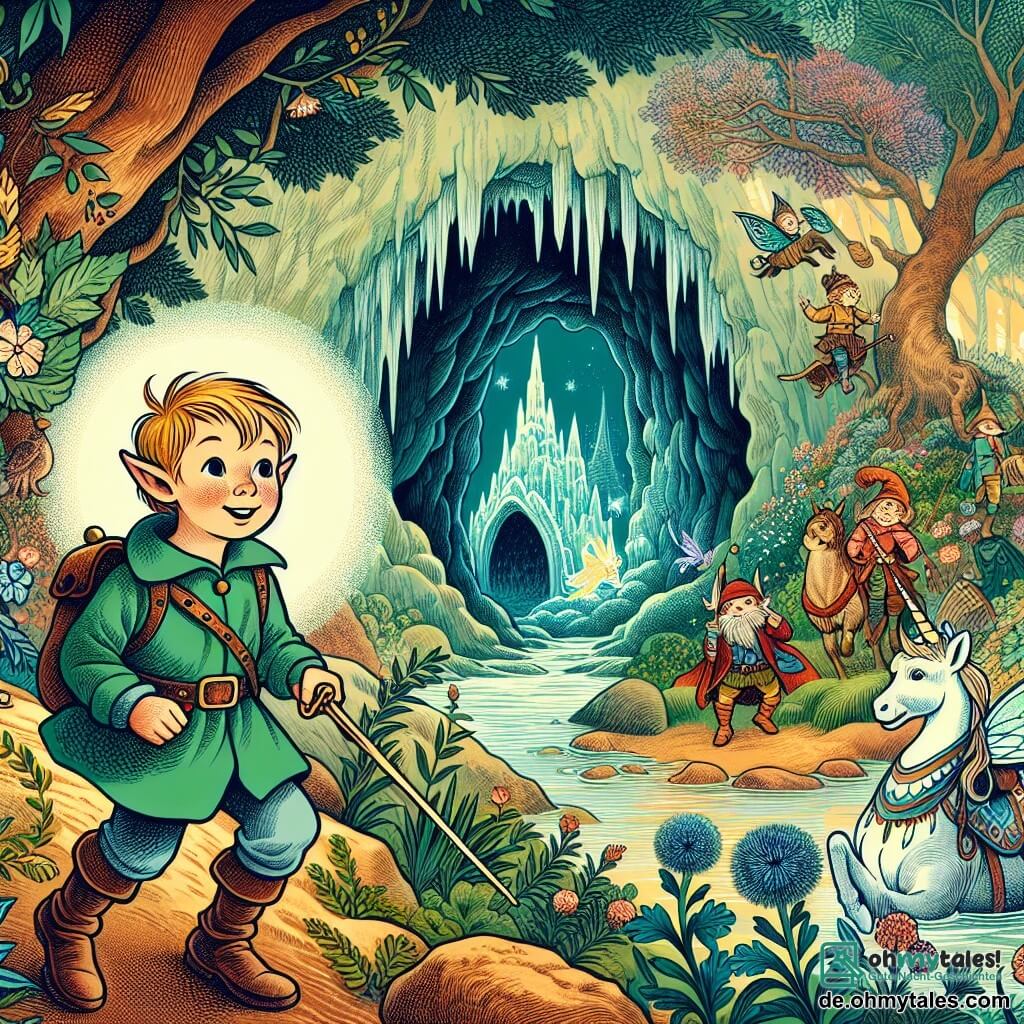 Une illustration destinée aux enfants représentant un petit garçon espiègle, accompagné de ses parents, explorant un tunnel secret menant à une magnifique grotte enchantée peuplée de fées, elfes, nains et licornes, située au cœur d'une forêt verdoyante et mystérieuse.