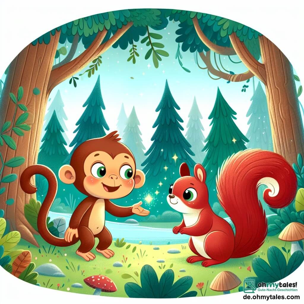 Une illustration destinée aux enfants représentant un jeune singe curieux explorant un magnifique et enchanté bois où il rencontre un joyeux écureuil roux, dans lequel tous les animaux peuvent parler.