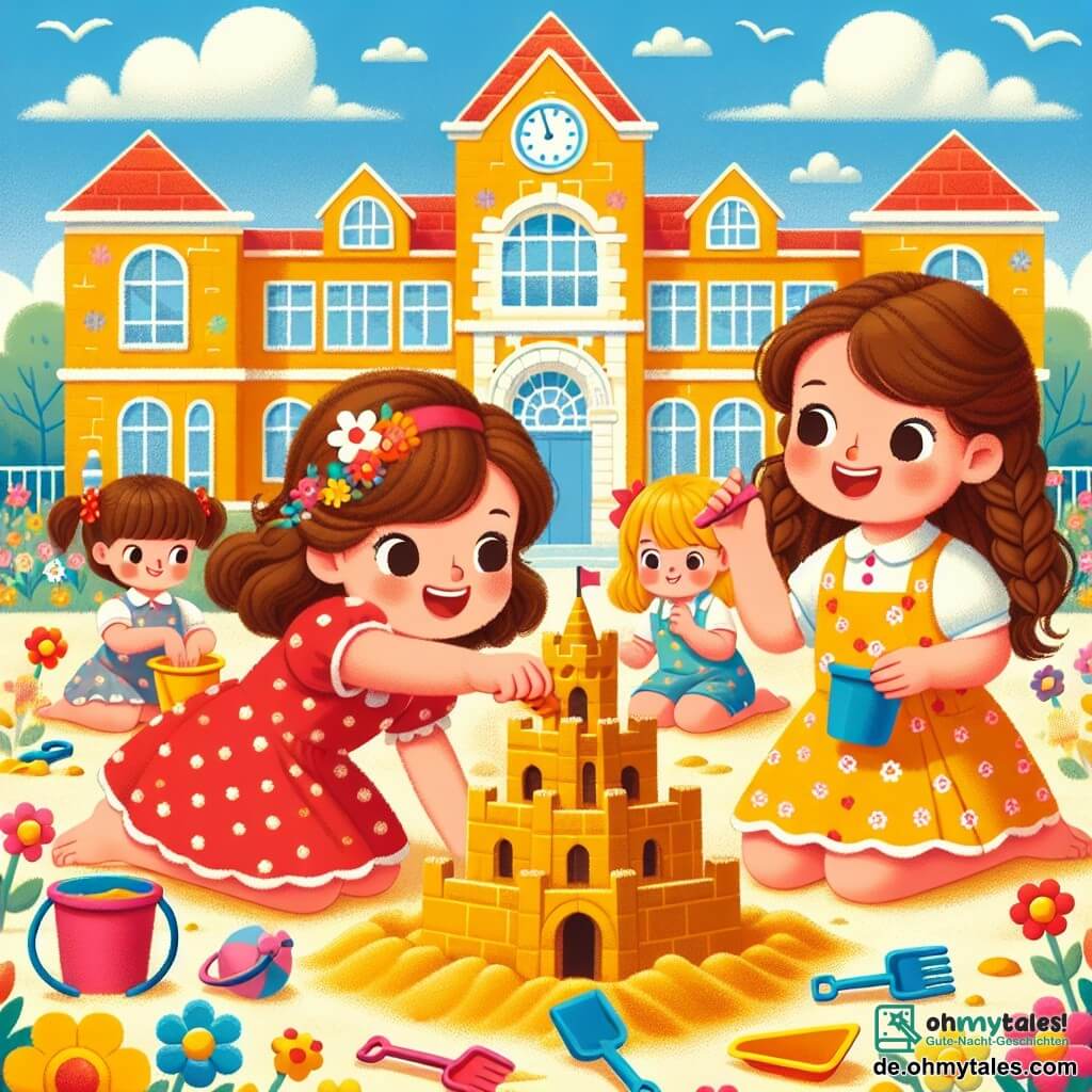 Illustration einer fröhlichen Szene auf einem Schulspielplatz. Der Boden ist mit goldenem Sand bedeckt, und im Hintergrund sieht man ein großes Schulgebäude mit gelben Wänden und einem roten Dach, umgeben von bunten Blumen. Im Mittelpunkt des Bildes bauen drei etwa fünfjährige Mädchen mit langen, lockigen Haaren eine große Sandburg. Eines der Mädchen hat braune Haare und trägt ein rotes Kleid mit weißen Punkten, sie lächelt und hält einen Sandbucket. Das zweite Mädchen, mit geflochtenen blonden Haaren, hockt und fügt mit einer kleinen Schaufel Details zur Burg hinzu. Das dritte Mädchen, mit kastanienbraunen Haaren, steht auf und hebt begeistert die Arme in die Luft, als würde sie den Erfolg ihres Bauwerks verkünden. Der Himmel ist blau mit einigen weißen Wolken, und andere Kinder spielen im Hintergrund, was eine festliche Stimmung schafft. Bunte Spielzeuge wie Schaufeln und Eimer sind um sie herum verstreut, und Vögel fliegen fröhlich darüber hinweg. Diese Illustration fängt den Geist von Kameradschaft und Kreativität der Kinder an ihrem Schultag ein.