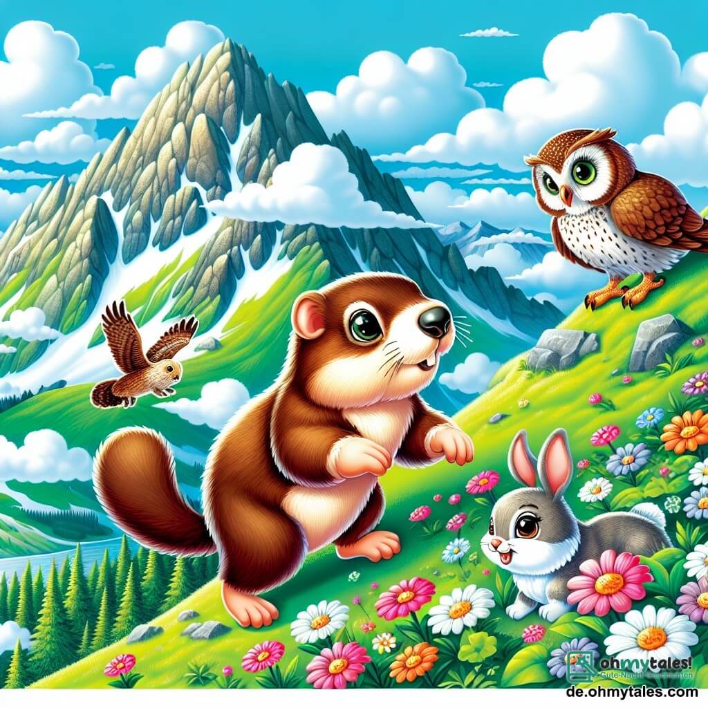 Une illustration sous forme de dessin destinée aux enfants représentant un magnifique paysage de montagne verdoyant avec des fleurs colorées et un ciel bleu, où une petite marmotte au pelage brun et brillant, avec de grands yeux curieux, grimpe courageusement sur un sentier escarpé, accompagnée d'un petit lapin aux oreilles longues et d'une chouette aux plumes douces, tandis qu'ils s'encouragent mutuellement à atteindre le sommet pour découvrir la beauté du monde qui les entoure, illustrant ainsi l'esprit d'aventure et d'amitié.