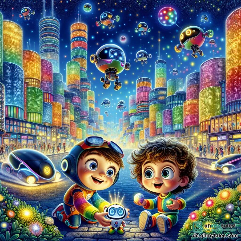 Illustration einer lebhaften Szene aus der futuristischen Stadt Glitzerlicht. Die funkelnden Gebäude aus buntem Glas und Metall ragen in den Himmel und sind von bunten Lichtern erleuchtet, die in der Nacht tanzen. Lautlos gleiten fliegende Autos über die belebten Straßen, während kleine, runde Roboter in leuchtenden Farben um die Passanten herumwuseln. Im Vordergrund steht ein drei Jahre alter Junge mit lockigem, braunem Haar, der einen futuristischen Anzug mit leuchtenden Mustern trägt. Er lächelt begeistert und hält einen kleinen, runden, bunten Roboter, der blinkende Lichter ausstrahlt. Neben ihm schaut ein anderer drei Jahre alter Junge mit runden Brillen und blonden Haaren mit staunenden Augen auf den Roboter, bereit, ihm bei seiner Suche zu helfen. Die Szene fängt den Moment ein, in dem die beiden Freunde zusammen spielen, während sie einen kleinen Ballon hinter einem Busch verstecken, während der Roboter namens Pipi sich darauf vorbereitet, ihn zu finden. Sterne funkeln am Himmel und verleihen der bereits märchenhaften Atmosphäre der Stadt einen magischen Touch. Details wie leuchtende Blumen und schwebende Hologrammtafeln vervollständigen dieses bezaubernde Bild und illustrieren den Geist von Abenteuer und Entdeckung der Geschichte.