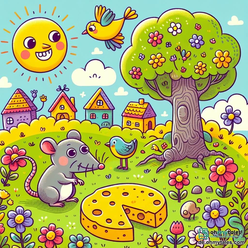 Une illustration sous forme de dessin destinée aux enfants représentant une scène colorée d'un village ensoleillé avec des fleurs éclatantes et un grand arbre au centre, où un petit rat gris aux grands yeux vifs, debout sur ses pattes arrière, observe attentivement une empreinte de fromage sur le sol, tandis qu'un oiseau joyeux aux plumes multicolores vole autour de lui, et un petit maulwurf au visage triste se cache derrière le tronc de l'arbre, illustrant le moment où les amis découvrent que le fromage a disparu et qu'ils doivent résoudre le mystère ensemble.