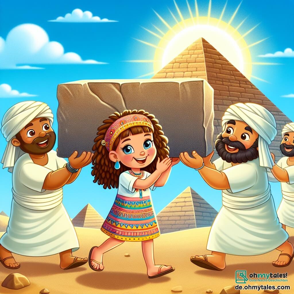 Une illustration sous forme de dessin destinée aux enfants représentant une scène ensoleillée dans le désert égyptien, avec une fille de 7 ans aux cheveux bruns et bouclés, portant une robe colorée, qui sourit tout en aidant des ouvriers égyptiens, vêtus de draps légers et de turbans, à soulever un grand bloc de pierre pour compléter la pyramide majestueuse en arrière-plan, tandis que le ciel est d'un bleu éclatant et que le soleil brille intensément, symbolisant l'aventure et le voyage dans le temps.