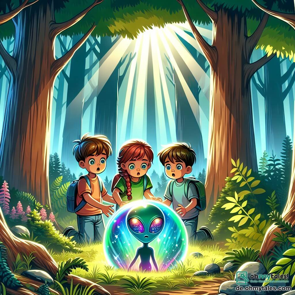 Une illustration sous forme de dessin destinée aux enfants représentant une clairière ensoleillée entourée de grands arbres verdoyants, où un groupe de trois enfants de 9 ans, deux garçons aux cheveux bruns et une fille aux cheveux roux en tresses, se tiennent autour d'une petite sphère métallique lumineuse, fascinés et émerveillés, tandis qu'un petit extraterrestre coloré, à la peau irisée et aux grands yeux brillants, émerge de la sphère, créant une atmosphère magique et d'aventure.
