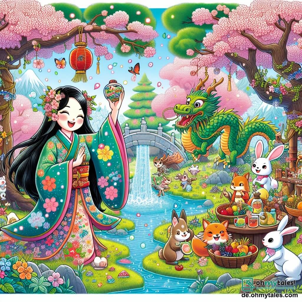 Une illustration sous forme de dessin destinée aux enfants représentant une clairière enchantée au Japon, ornée de cerisiers en fleurs et d'un petit étang scintillant, où une femme aux longs cheveux noirs et à la robe traditionnelle colorée sourit joyeusement tout en préparant un festin avec des fruits et des baies, entourée d'un dragon majestueux aux écailles brillantes et d'un groupe d'animaux du bois, tels qu'un renard rusé et des lapins curieux, qui s'apprêtent à célébrer un grand festival de la joie et de l'amitié.