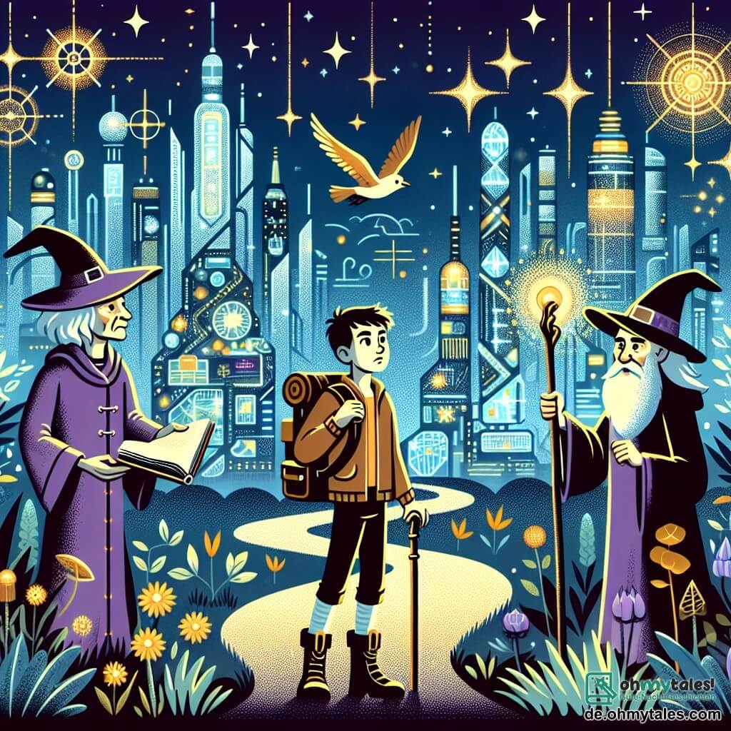 Une illustration destinée aux enfants représentant un jeune aventurier intrépide, une vieille sorcière sage, et une ville futuriste étincelante avec des gratte-ciels brillants et des jardins automatisés, captivant ainsi l'imagination des petits lecteurs.