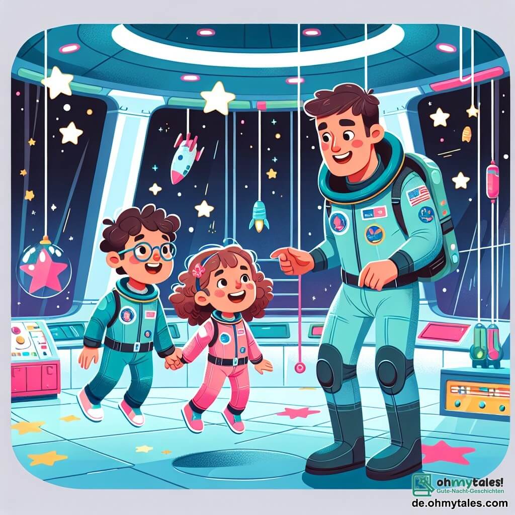 Une illustration sous forme de dessin destinée aux enfants représentant l'intérieur d'une brillante et futuriste station spatiale, avec un homme grand et souriant portant un uniforme d'astronaute bleu, montrant aux enfants curieux, une fille aux cheveux bouclés et une combinaison spatiale rose, ainsi qu'un garçon aux lunettes et une combinaison verte, comment flotter en apesanteur tout en riant et en s'amusant parmi des étoiles scintillantes et des appareils scientifiques colorés.