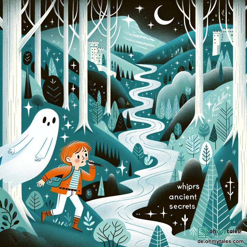 Une illustration destinée aux enfants représentant un fantôme garçon, accompagné d'une courageuse fille, explorant un vallée enchantée aux arbres chatoyants, où un ruisseau argenté murmure des secrets anciens.