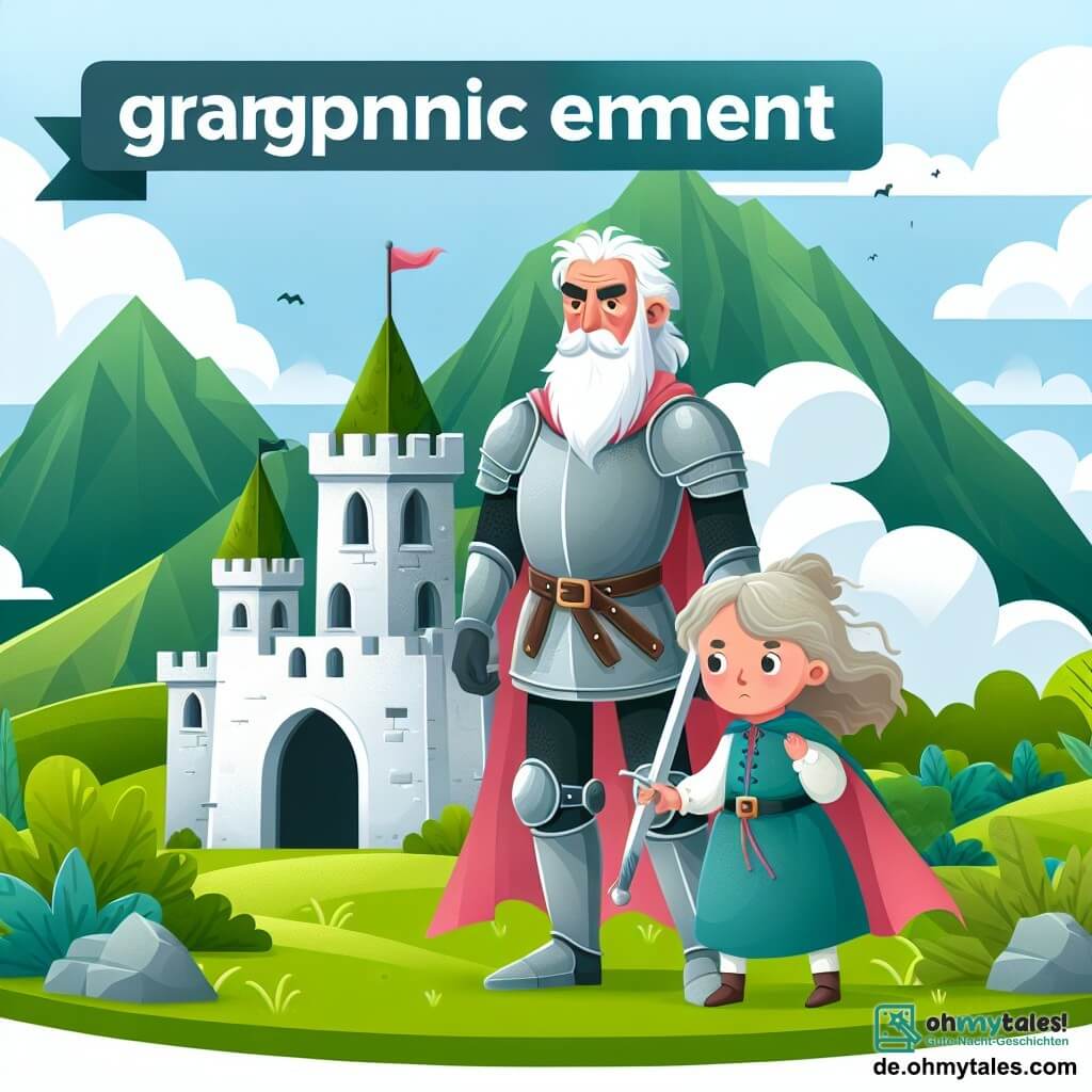 Une illustration destinée aux enfants représentant un chevalier courageux, une vieille femme mystérieuse, et un château en pierre blanche entouré de montagnes verdoyantes, où se déroule une quête périlleuse.