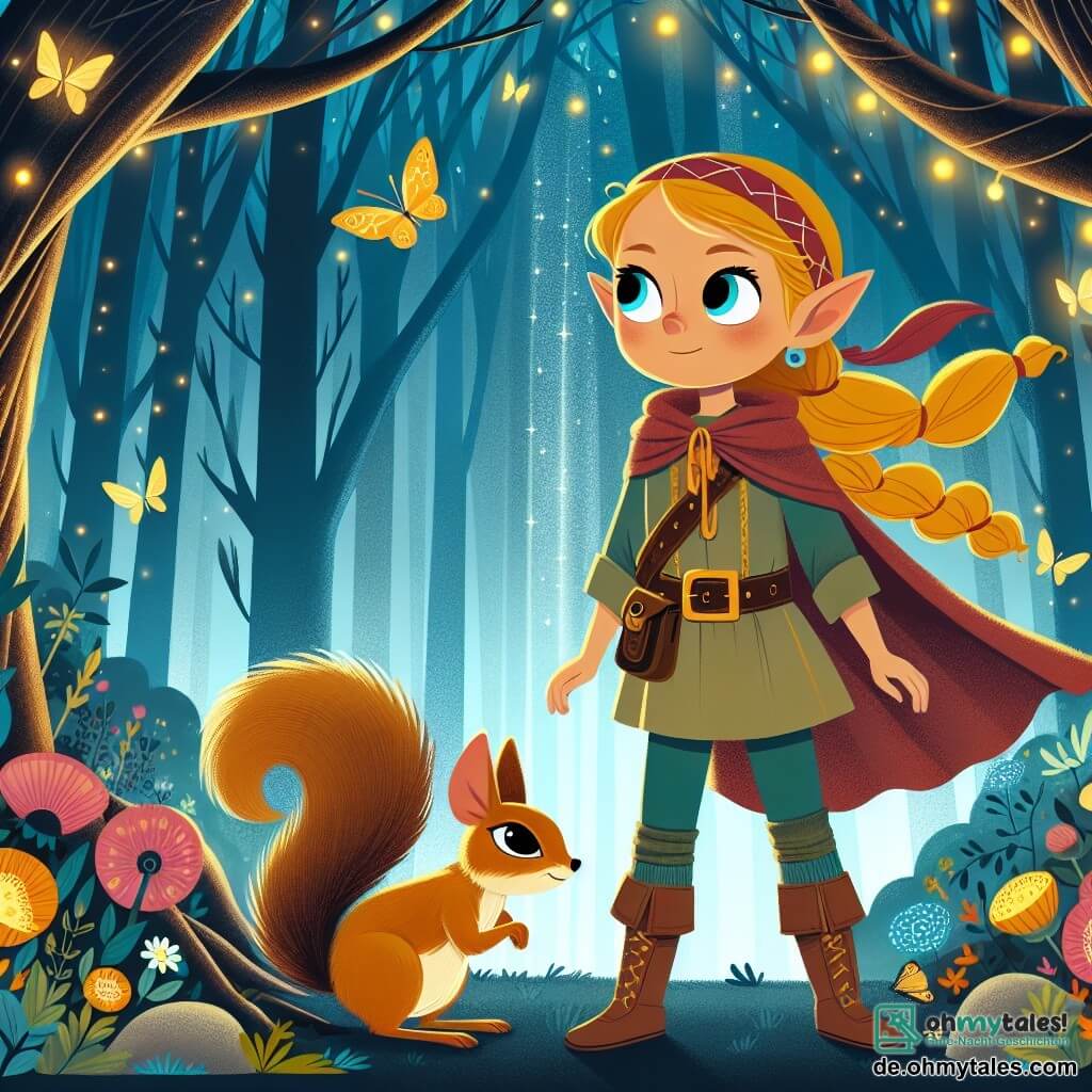 Une illustration destinée aux enfants représentant une jeune elfe courageuse se tenant devant une mystérieuse forêt enchantée, accompagnée de son fidèle compagnon, un écureuil espiègle à la queue touffue, dans un décor de fleurs lumineuses et de papillons virevoltants.