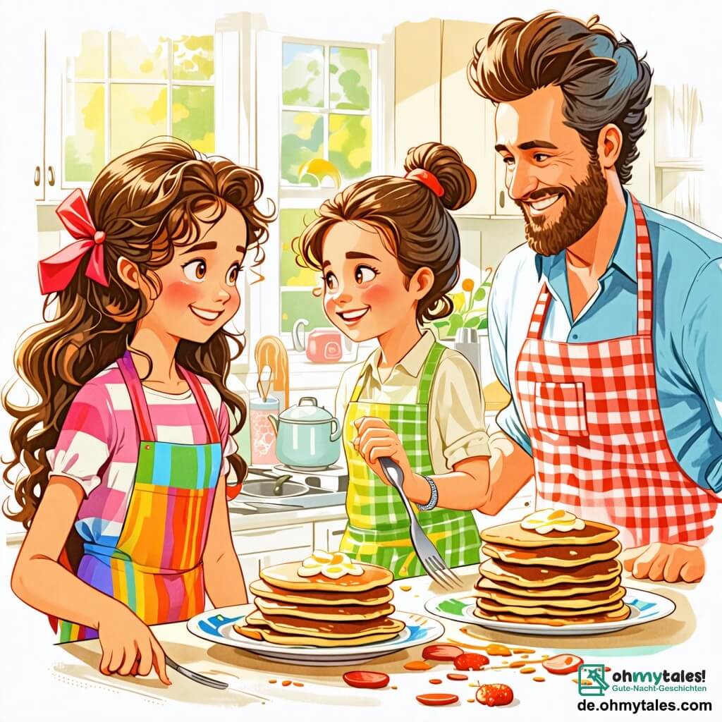 Une illustration sous forme de dessin destinée aux enfants représentant une cuisine chaleureuse et ensoleillée, où une fille de 8 ans aux longs cheveux bruns et bouclés, portant un tablier coloré, s'active joyeusement à préparer des pancakes sur le plan de travail, tandis qu'une femme souriante, sa mère, aux cheveux châtains et attachés en chignon, l'observe avec fierté tout en tenant un fouet, et à l'arrière-plan, un homme aux cheveux courts et à la barbe légère, le père, entre dans la pièce avec un air curieux, prêt à découvrir la surprise de la fête des pères, entourés de décorations colorées et d'ingrédients éparpillés.