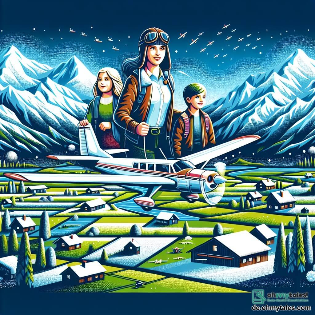 Une illustration destinée aux enfants représentant une jeune femme pilote d'avion, accompagnée de deux enfants, une fille et un garçon, survolant un magnifique paysage de montagnes enneigées et de vastes champs verdoyants, dans un petit village pittoresque.